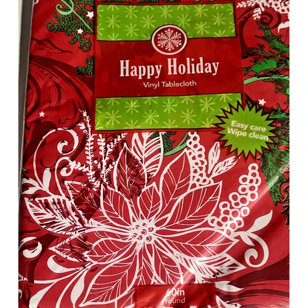 Christmas Holiday Poinsettia Red Green Vinyl Tablecloth Flannel Backed 60